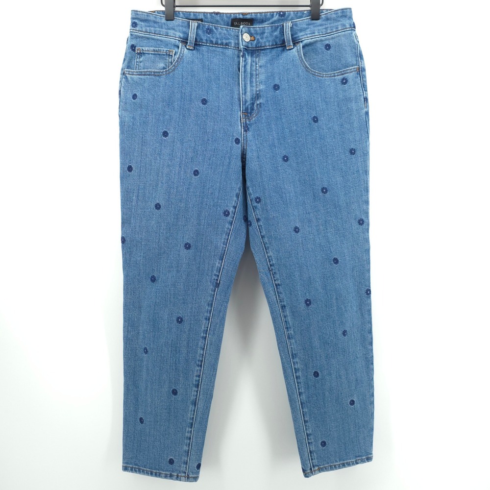 Talbots Everyday Relaxed Womens Jeans 12P Blue Floral Embroidered Napa Wash